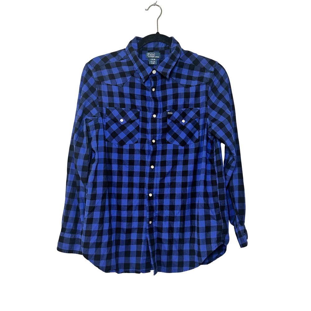 Polo‎ Ralph Lauren Boys Blue Black Buffalo Plaid Western Snap Shirt Size L 14-16